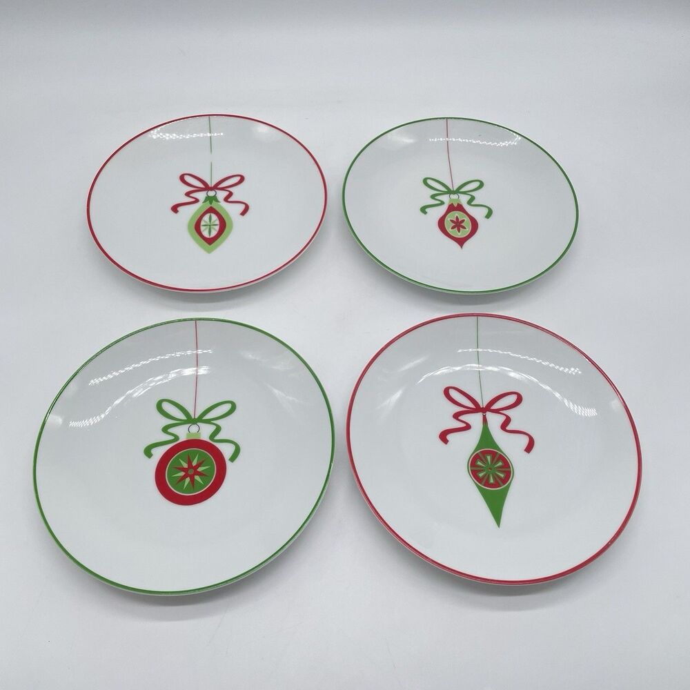 Crate & Barrel Christmas Ornament 8” Salad Dessert Plates Set of 4 Holiday